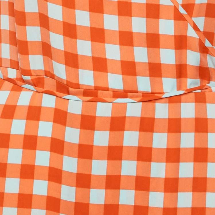 مملوكة مسبقًا Diane Von Furstenberg Orange Checkered Print Silk Asymmetric Ruffle Detail Dress L