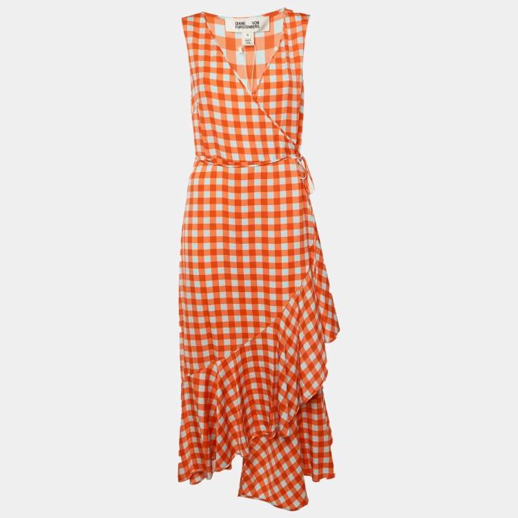 مملوكة مسبقًا Diane Von Furstenberg Orange Checkered Print Silk Asymmetric Ruffle Detail Dress L