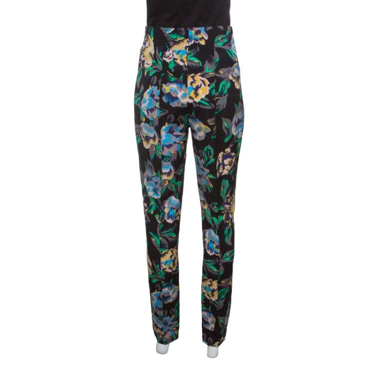Pre Owned Diane Von Furstenberg Black Floral Printed Benton High Waist Skinny Pants L