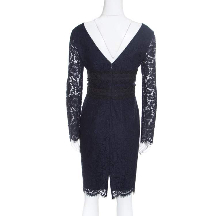 Pre Owned Diane Von Furstenberg Deep Night Blue Lace Plunge Neck Long Sleeve Viera Dress S
