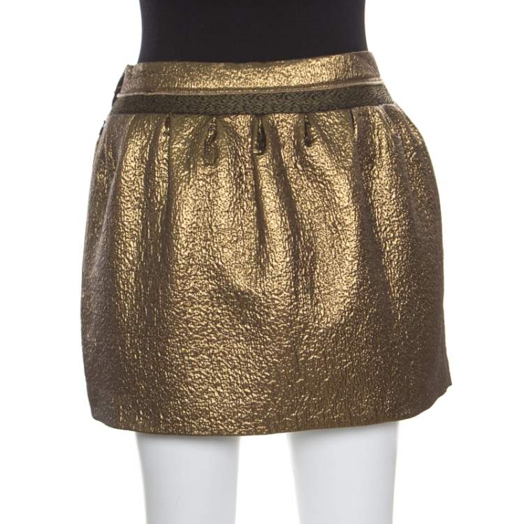 Pre Owned Diane Von Furstenberg Metallic Gold Gathered Addie Jacquard Mini Skirt M