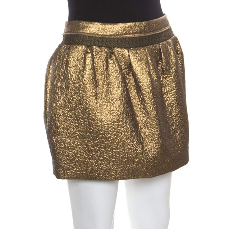 Pre Owned Diane Von Furstenberg Metallic Gold Gathered Addie Jacquard Mini Skirt M