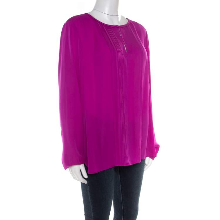 مملوكة مسبقًا Diane Von Furstenberg Summer Beet Silk Pintuck Detail Blouse XL