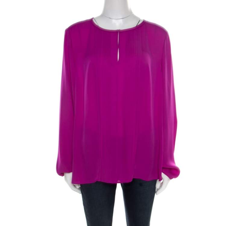 مملوكة مسبقًا Diane Von Furstenberg Summer Beet Silk Pintuck Detail Blouse XL