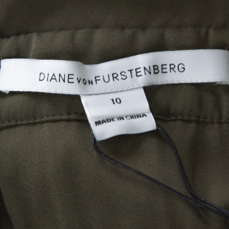 Pre Owned Diane Von Furstenberg Olive Green V-Neck Viera Lace Dress L