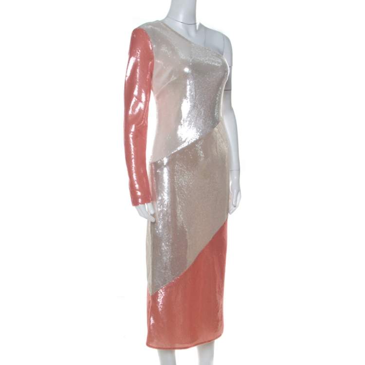 Pre Owned Diane von Furstenberg Pink and Ivory Sequinned One Shoulder Dress S