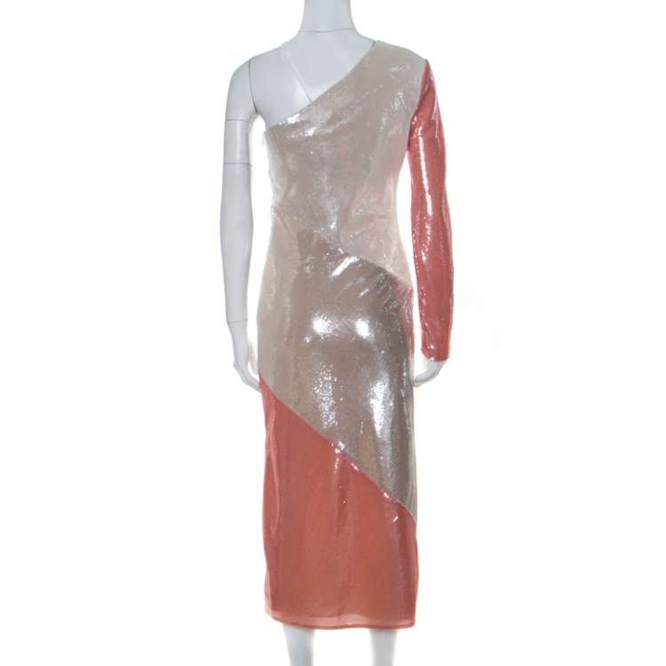 Pre Owned Diane von Furstenberg Pink and Ivory Sequinned One Shoulder Dress S