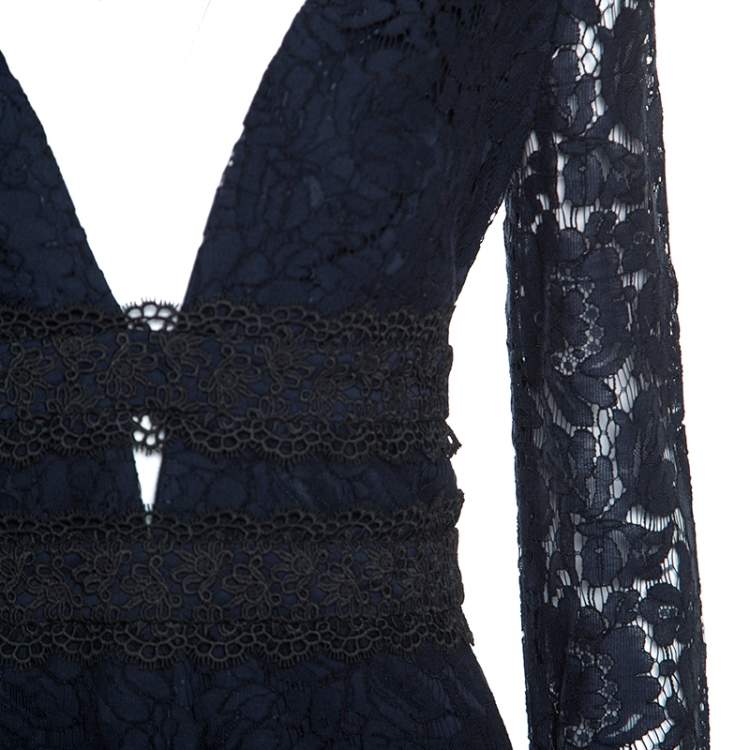 مملوكة مسبقًا Diane Von Furstenberg Midnight Blue Lace Long Sleeve Viera Dress M
