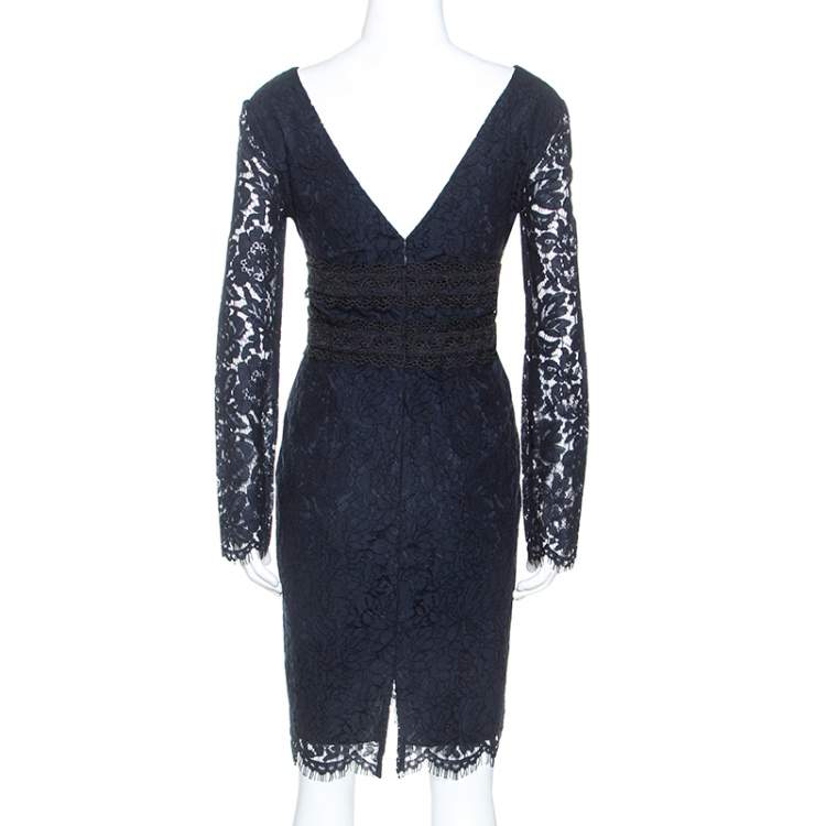 مملوكة مسبقًا Diane Von Furstenberg Midnight Blue Lace Long Sleeve Viera Dress M