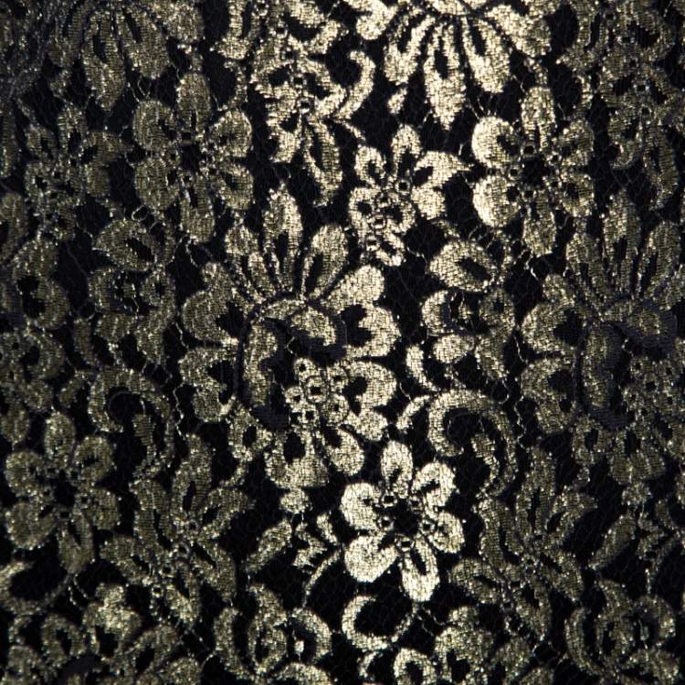 Pre Owned Diane Von Furstenberg Black & Gold Lace Zarita Shift Dress L 