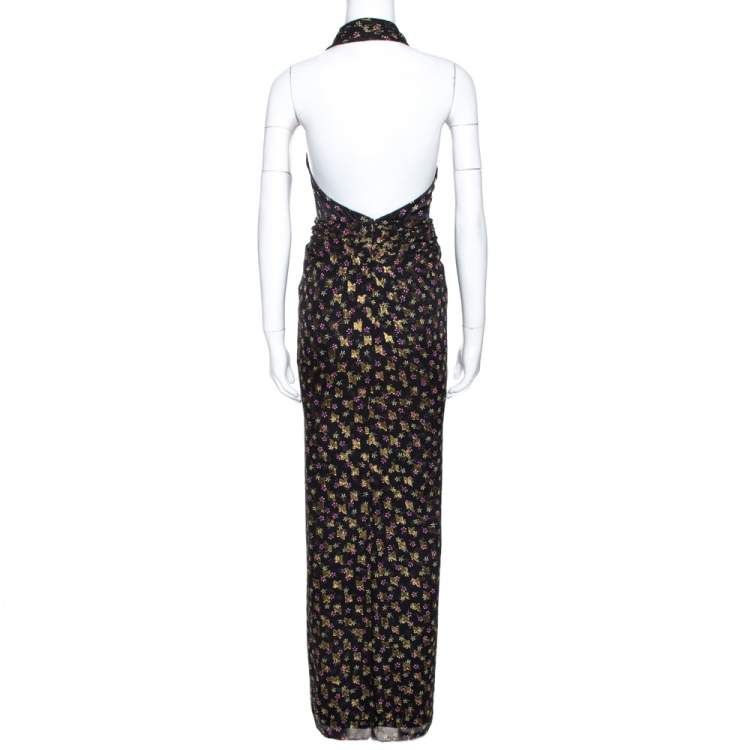 Pre Owned Diane Von Furstenberg Black Lurex Printed Silk Evelina Dress XS