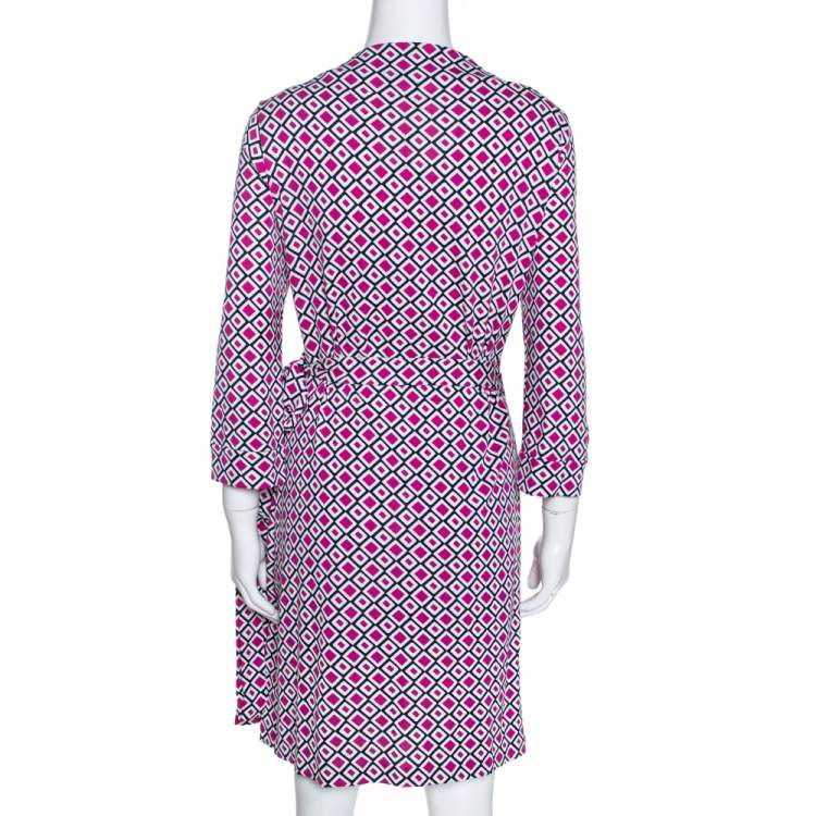 مملوكة مسبقًا Diane von Furstenberg Pink Geometric Print New Julian Two Mini Wrap Dress XL