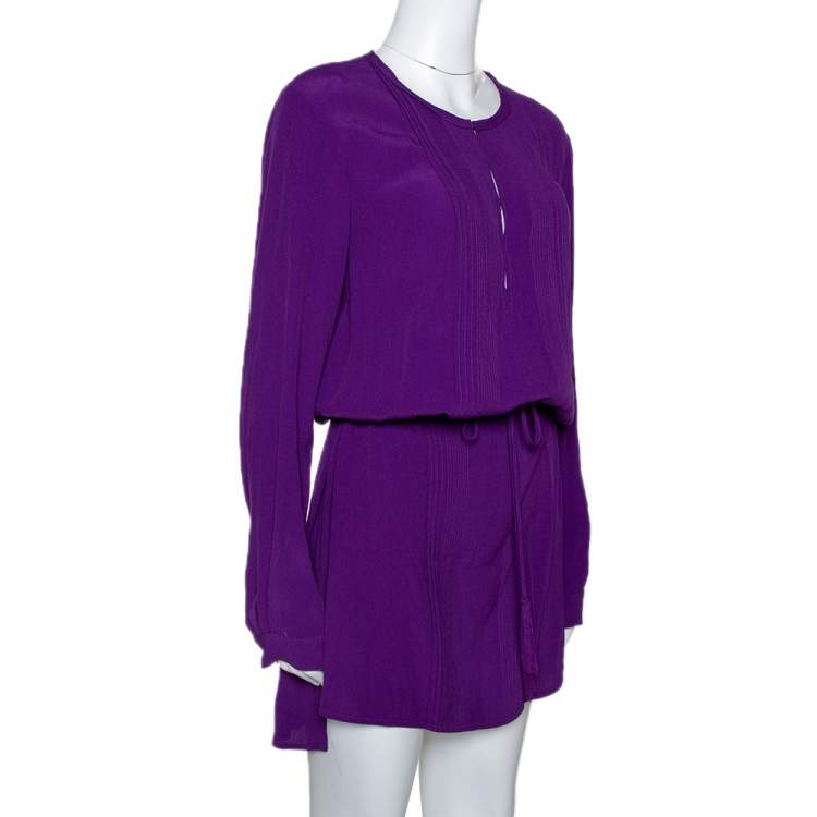Pre Owned Diane Von Furstenberg Purple Crepe Pleat Front Sliced Dress M