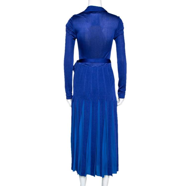 Pre Owned Diane von Furstenberg Blue Jersey Pleated Stevie Wrap Dress S