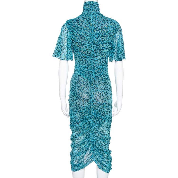 Pre Owned Diane Von Furstenberg Blue Ditsy Print Ruched Olivia Dress XS