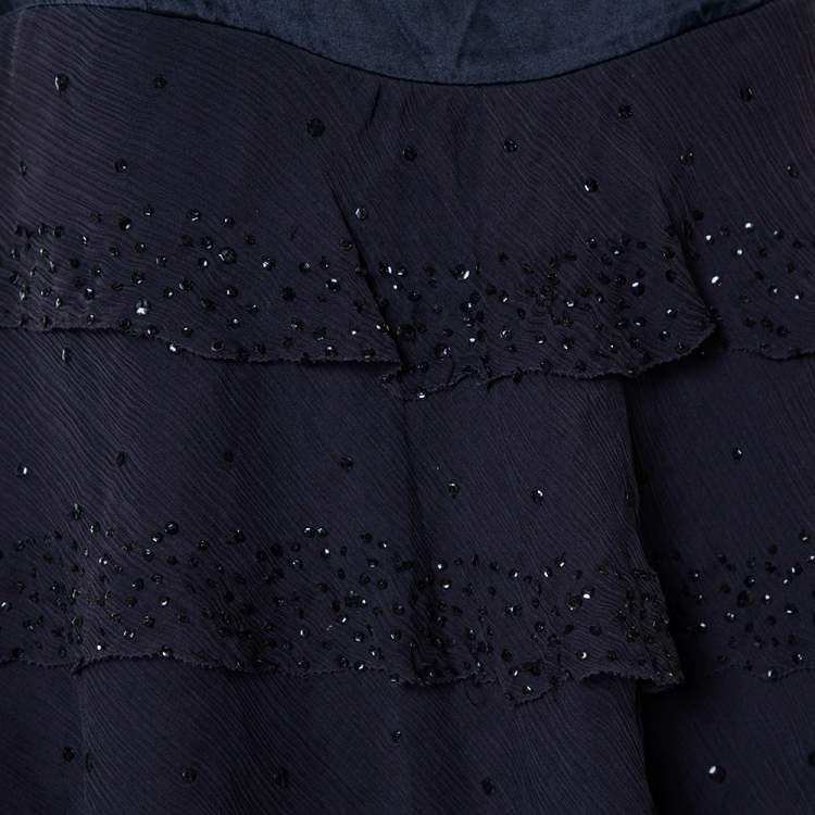 Pre Owned Diane von Furstenberg Navy Blue Silk  Sequin Embellished Tiered Sleeveless Latiera Top M