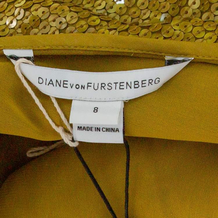 Pre Owned Diane Von Furstenberg Mustard Yellow Sequin Embellished Silk Havita Dress M