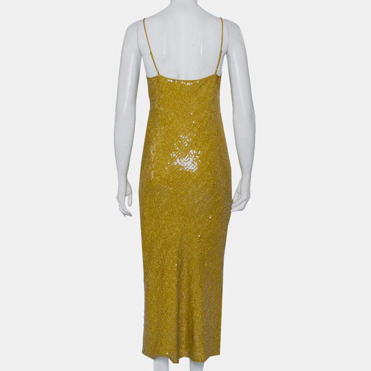 Pre Owned Diane Von Furstenberg Mustard Yellow Sequin Embellished Silk Havita Dress M