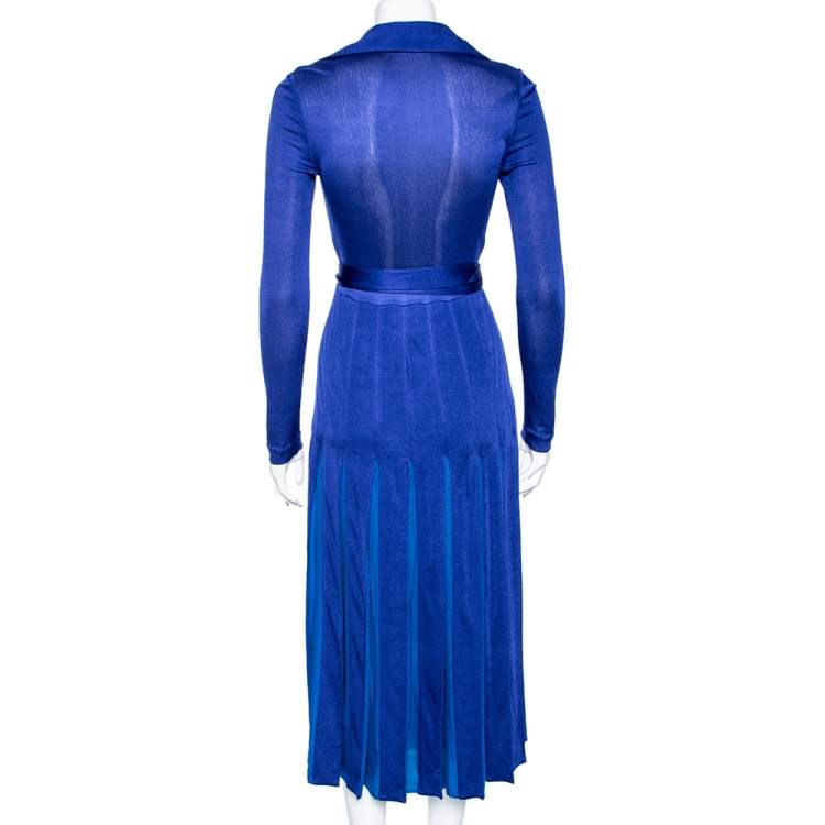 Pre Owned Diane von Furstenberg Blue Jersey Pleated Stevie Wrap Dress S