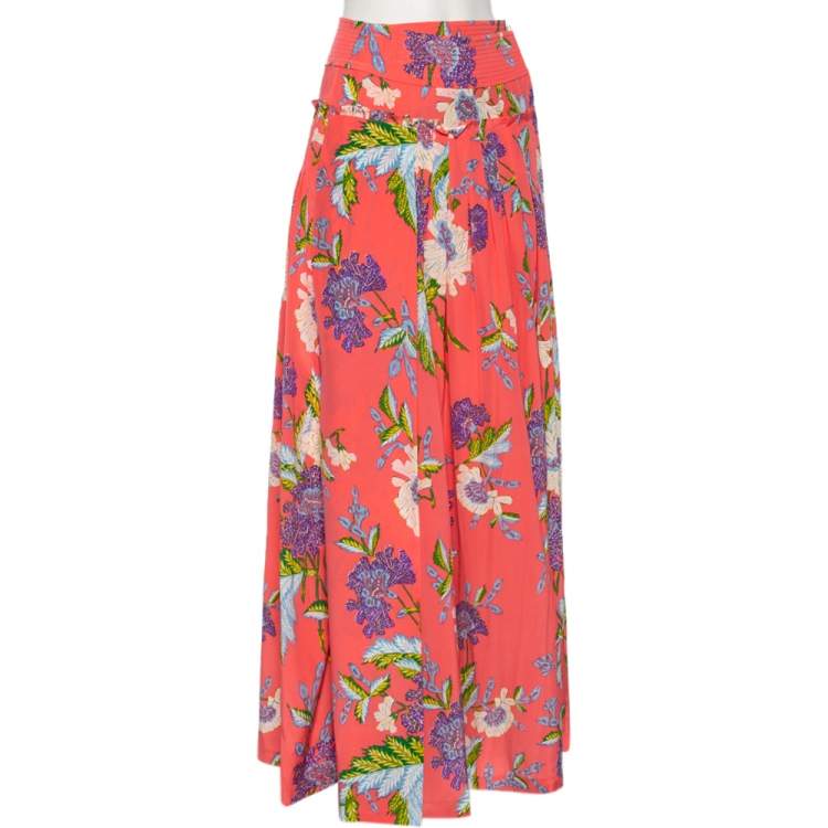 Pre Owned Diane von Furstenberg Pink Floral Printed Silk Pleated Detail D Ring Wrap Skirt M