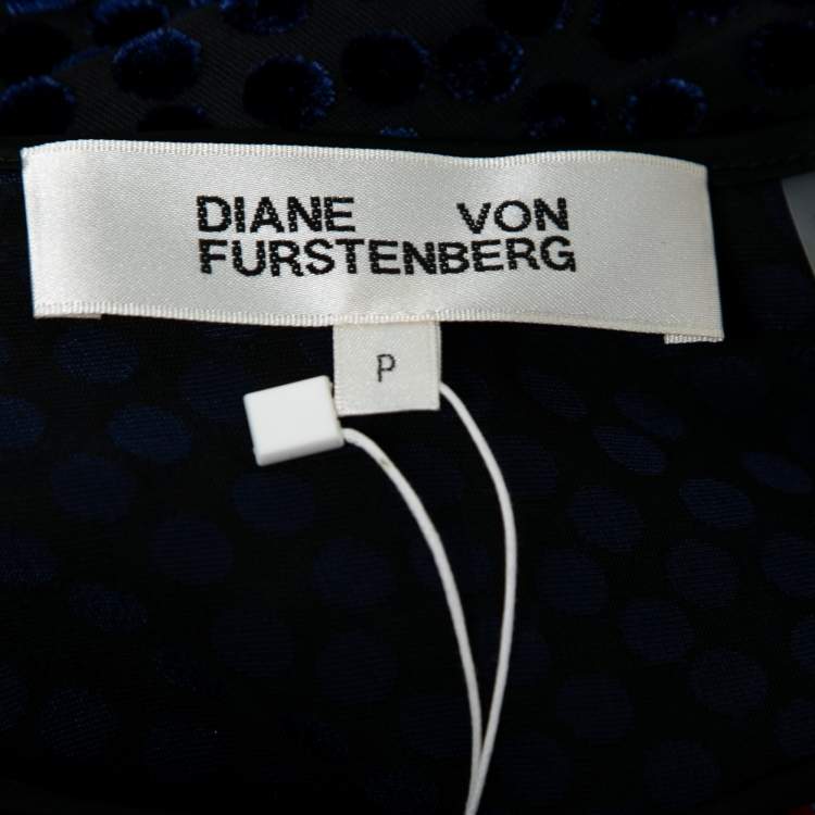 Pre Owned Diane von Furstenberg Blue & Red Polka Dotted Velvet Chiffon Wrap Blouse P