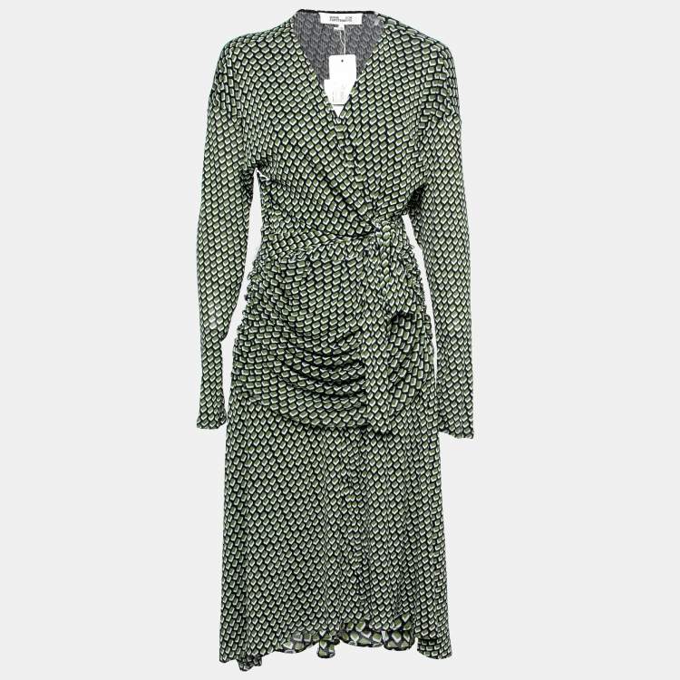 Pre Owned Diane Von Furstenberg Green Geometric Print Jersey Rilynn Wrap Dress XL