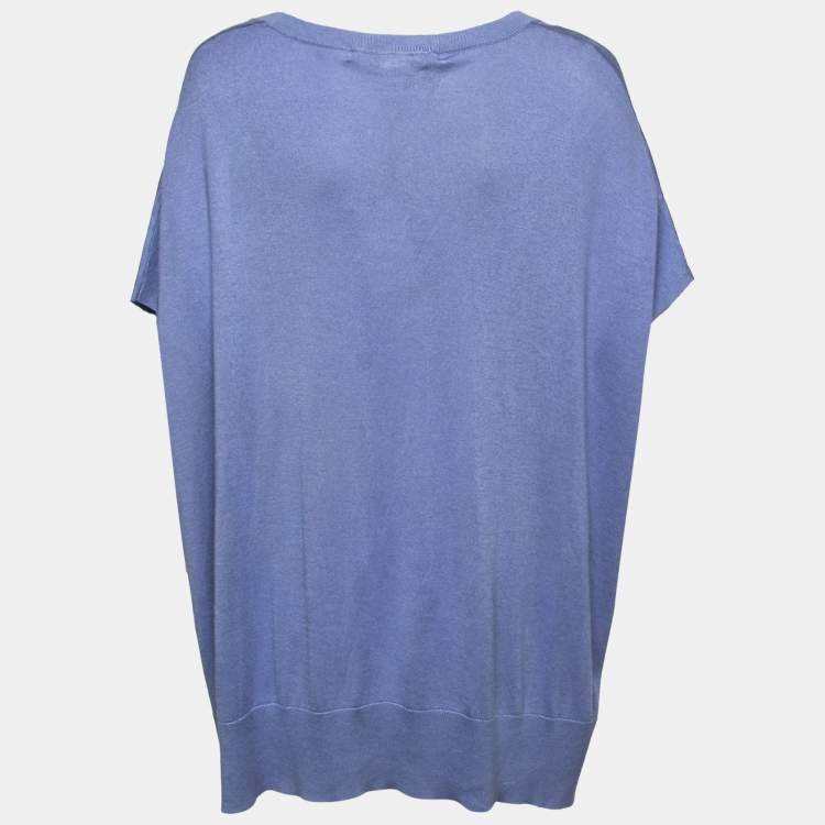 Pre Owned Diane Von Furstenberg Blue Silk & Cashmere V-Neck Knit Top L