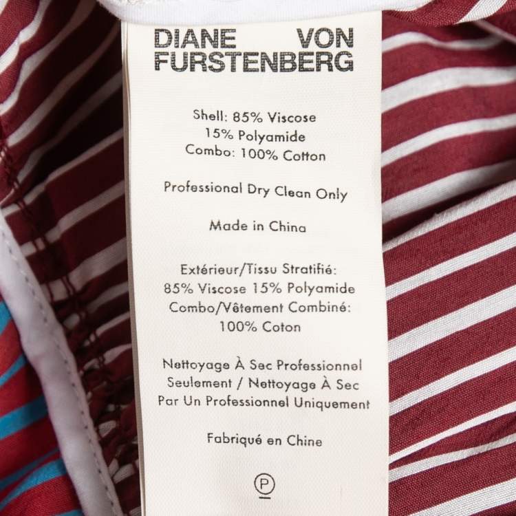 Pre Owned Diane Von Furstenberg Burgundy Striped Cotton Wrap Dress XL