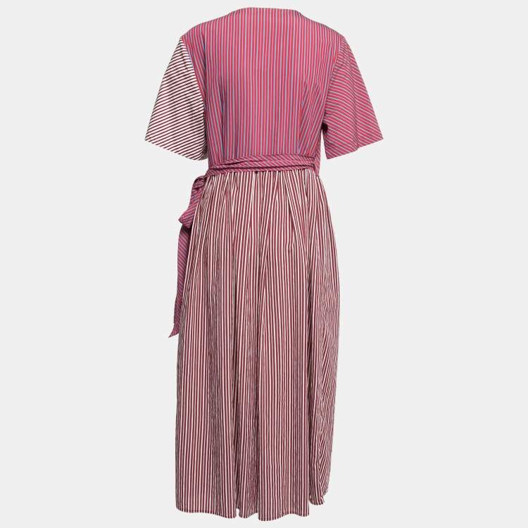 Pre Owned Diane Von Furstenberg Burgundy Striped Cotton Wrap Dress XL