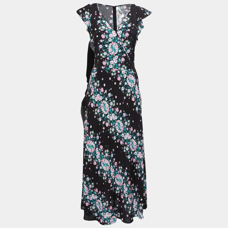 مملوكة مسبقًا Diane Von Furstenberg Black Floral Printed Crepe Midi Dress M