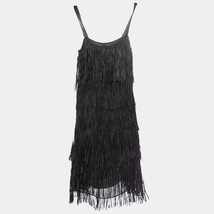 مملوكة مسبقًا Diane Von Furstenberg Black Silk Fringe Detail Strappy Mini Flap Dress M