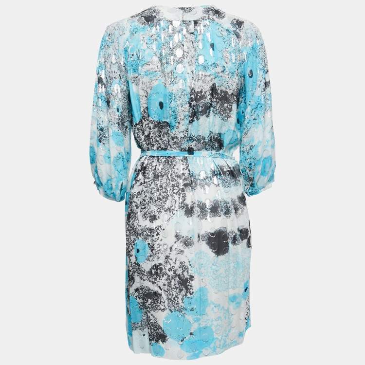 Pre Owned Diane Von Furstenberg Blue Met Dot Silk Mini Wrap Dress L