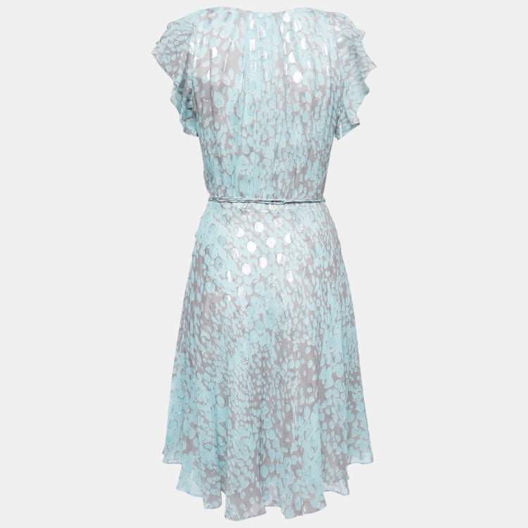 Pre Owned Diane Von Furstenberg Grey/blue Leopard Rain Spots Printed Silk Delancey Short Wrap Dress L