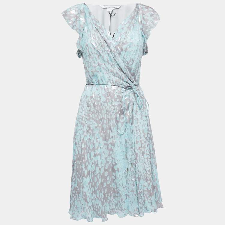 Pre Owned Diane Von Furstenberg Grey/blue Leopard Rain Spots Printed Silk Delancey Short Wrap Dress L