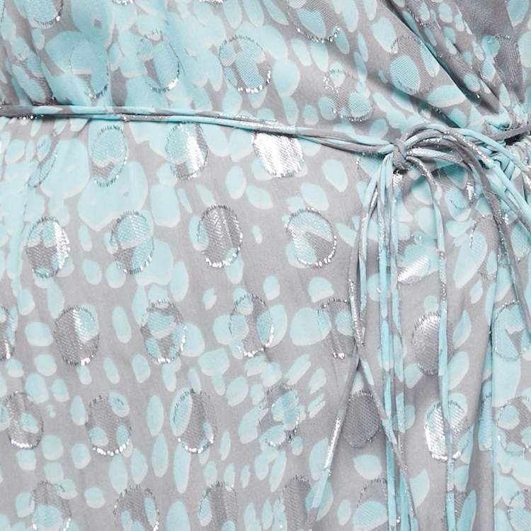 Pre Owned Diane Von Furstenberg Grey/blue Leopard Rain Spots Printed Silk Delancey Short Wrap Dress L