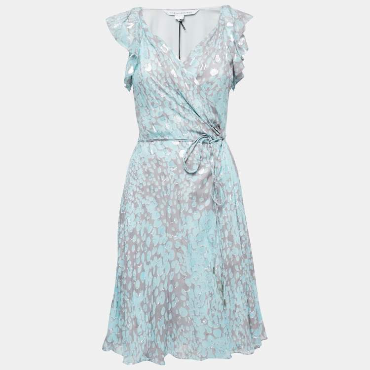 Pre Owned Diane Von Furstenberg Grey/blue Leopard Rain Spots Printed Silk Delancey Short Wrap Dress M