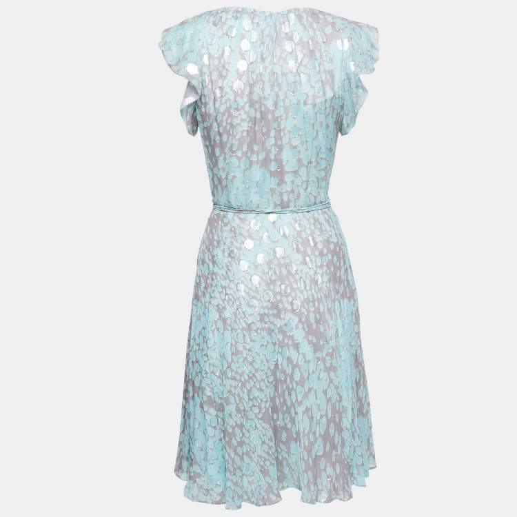 Pre Owned Diane Von Furstenberg Grey/blue Leopard Rain Spots Printed Silk Delancey Short Wrap Dress M