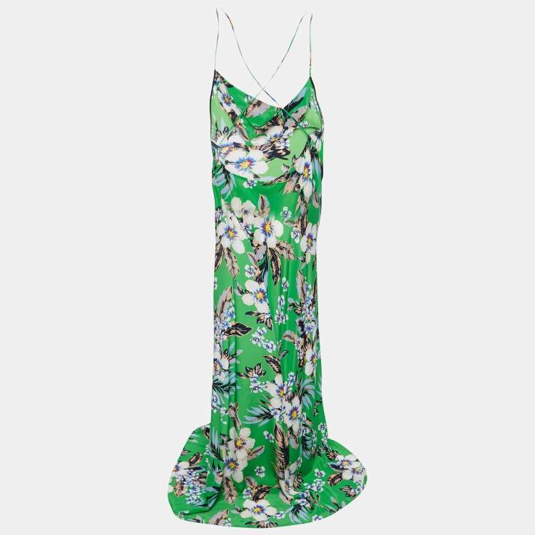 Pre Owned Diane Von Furstenberg Green Floral Printed Silk Cowl Neck Bias Gown XL