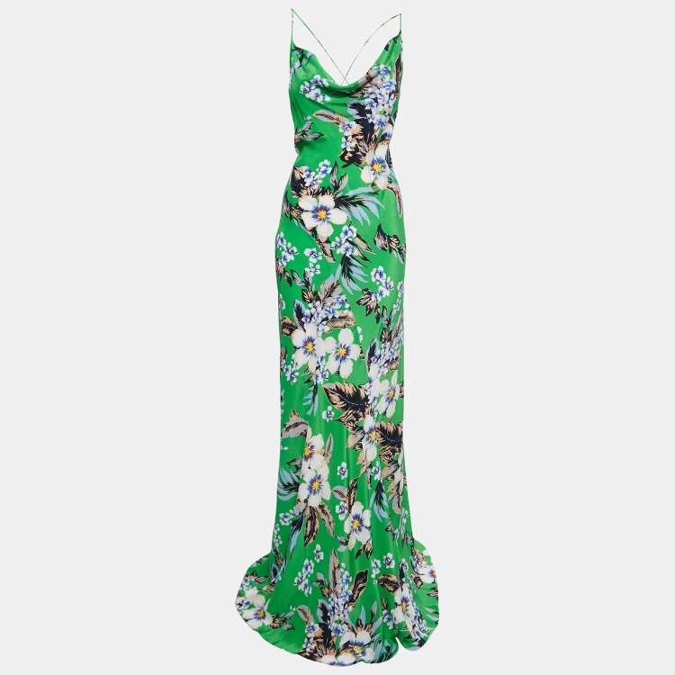 Pre Owned Diane Von Furstenberg Green Floral Printed Silk Cowl Neck Bias Gown XL