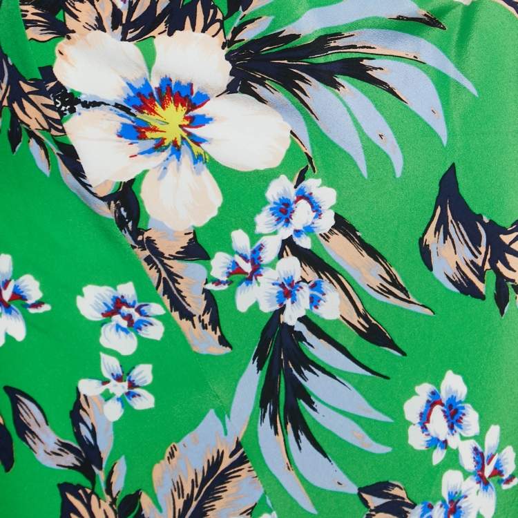 Pre Owned Diane Von Furstenberg Green Floral Printed Silk Cowl Neck Bias Gown XL