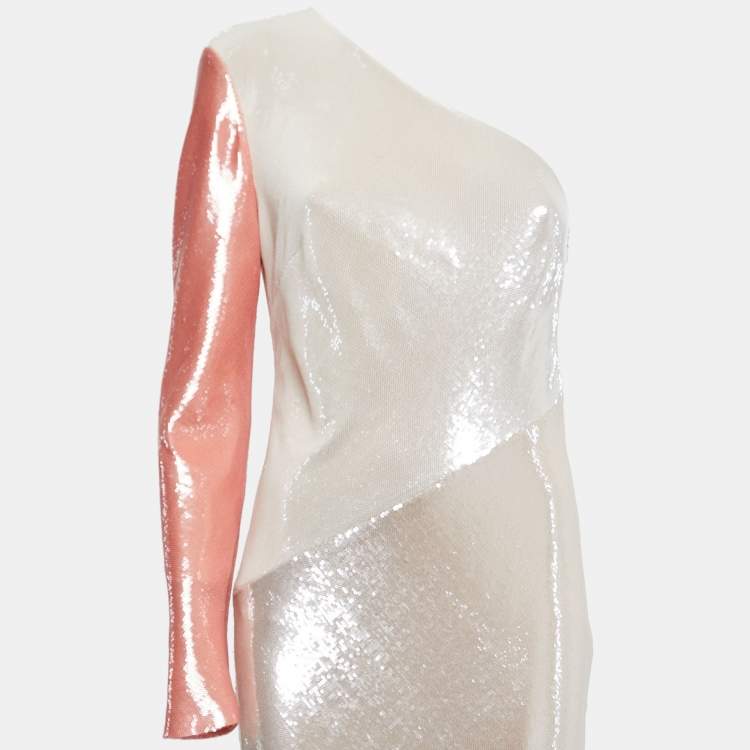 Pre Owned Diane Von Furstenberg White/Pink Sequined One Shoulder Midi Dress M
