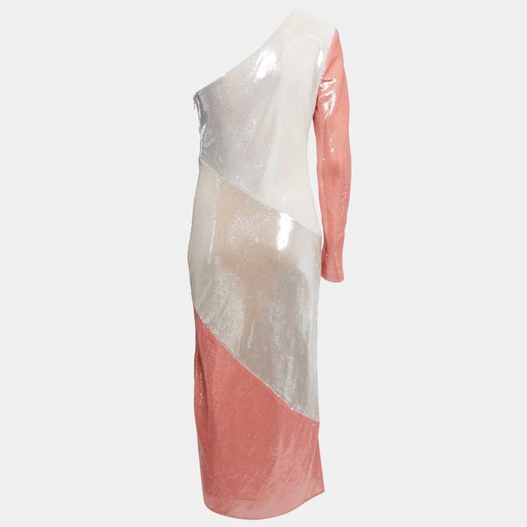 Pre Owned Diane Von Furstenberg White/Pink Sequined One Shoulder Midi Dress M