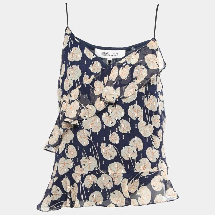 Pre Owned Diane Von Furstenberg Navy Blue Leaf Printed Silk Ruffled Sleeveless Top M