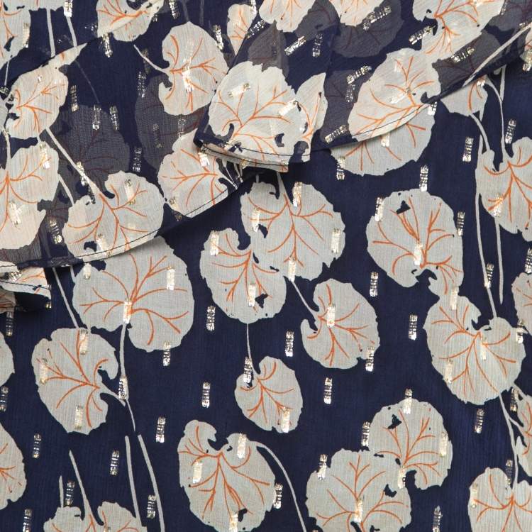 Pre Owned Diane Von Furstenberg Navy Blue Leaf Printed Silk Ruffled Sleeveless Top M