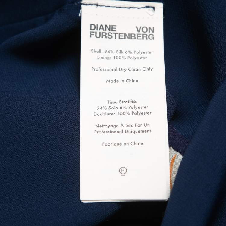 Pre Owned Diane Von Furstenberg Navy Blue Leaf Printed Silk Ruffled Sleeveless Top M
