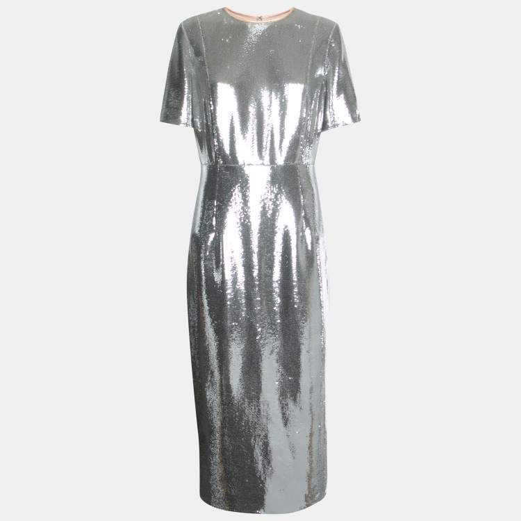 Pre Owned Diane Von Furstenberg Silver Sequined Midi Dress L