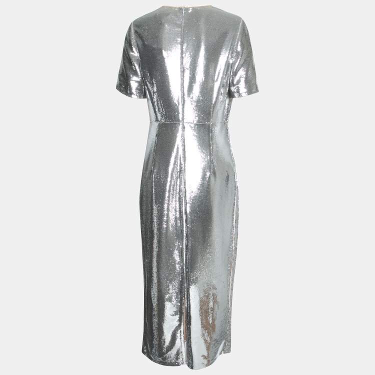 Pre Owned Diane Von Furstenberg Silver Sequined Midi Dress L