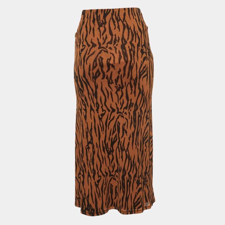 Pre Owned Diane Von Furstenberg Orange Print Stretch Knit Caspian Tigress Midi Skirt S