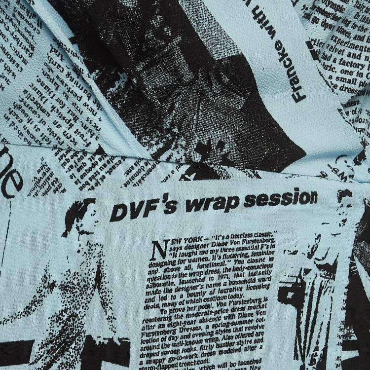 Pre Owned Diane Von Furstenberg Blue Newspaper Crepe Printed Wrap Dress S