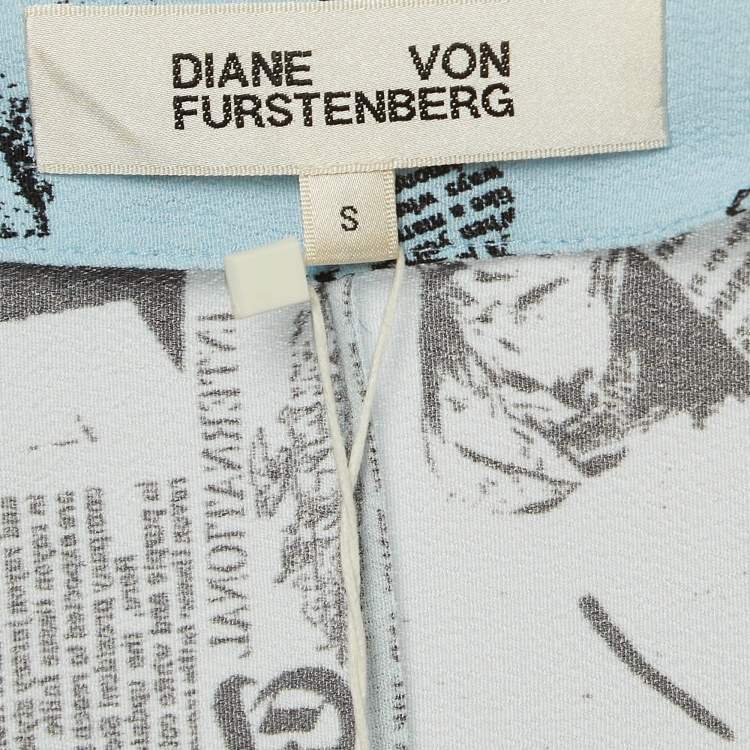 Pre Owned Diane Von Furstenberg Blue Newspaper Crepe Printed Wrap Dress S